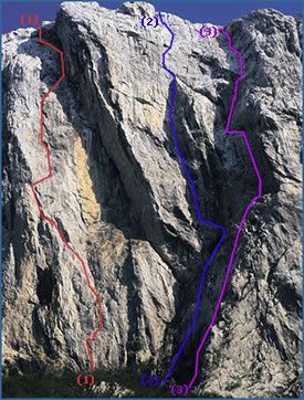 Three classic routes on the 350m high northwest face of Anica kuk